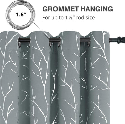 Light Grey Blackout Bedroom Curtains,Black Out Curtains 63 Inch Long 2 Panels,Window Curtains Panels,Thermal Insulated Windproof Elegant Tree Branches Silver Print Drapes 38W X 63L