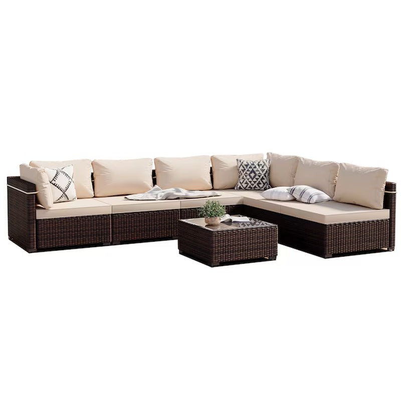 7-Piece Rattan Patio Conversation Set with Blue Cushions