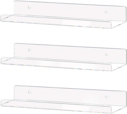 Clear Acrylic Shelf 15" Invisible Floating Wall Ledge Bookshelf, Kids Book Display Shelves Wall Mounted (15 Inch 3Pack)