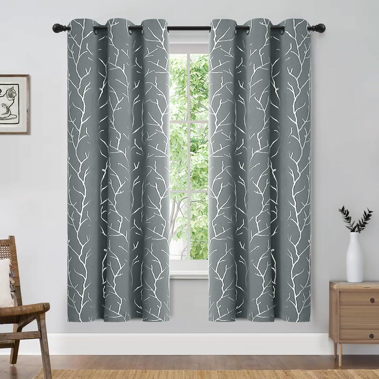 Light Grey Blackout Bedroom Curtains,Black Out Curtains 63 Inch Long 2 Panels,Window Curtains Panels,Thermal Insulated Windproof Elegant Tree Branches Silver Print Drapes 38W X 63L