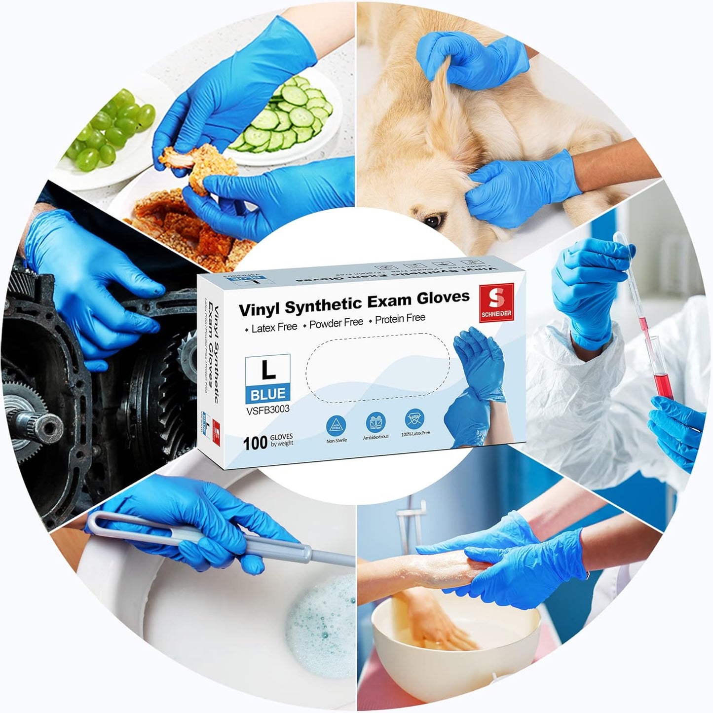 Blue Vinyl Synthetic Exam Gloves, Medium, Box of 100, 4-Mil, Powder-Free, Latex-Free, Non-Sterile, Disposable Gloves