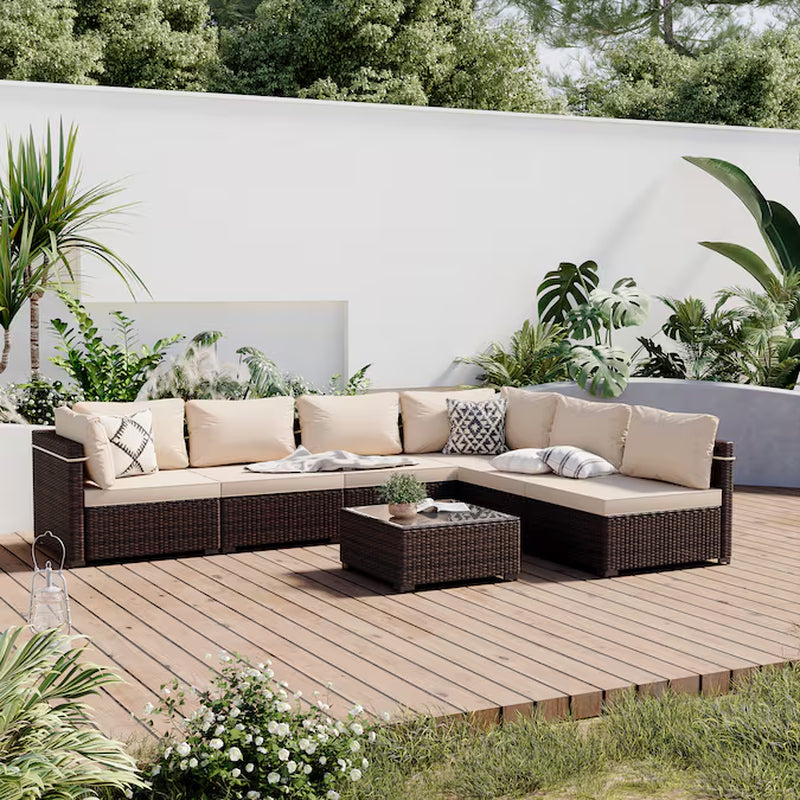 7-Piece Rattan Patio Conversation Set with Blue Cushions