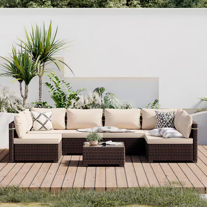 7-Piece Rattan Patio Conversation Set with Blue Cushions